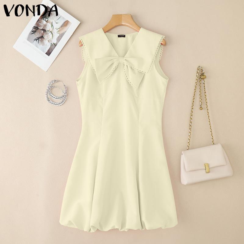 

VONDA Женское платье без рукавов, повседневное, с V-образным вырезом, бантом, вязаной крючком отделкой, оборками, мини-платье 3XL бежевый