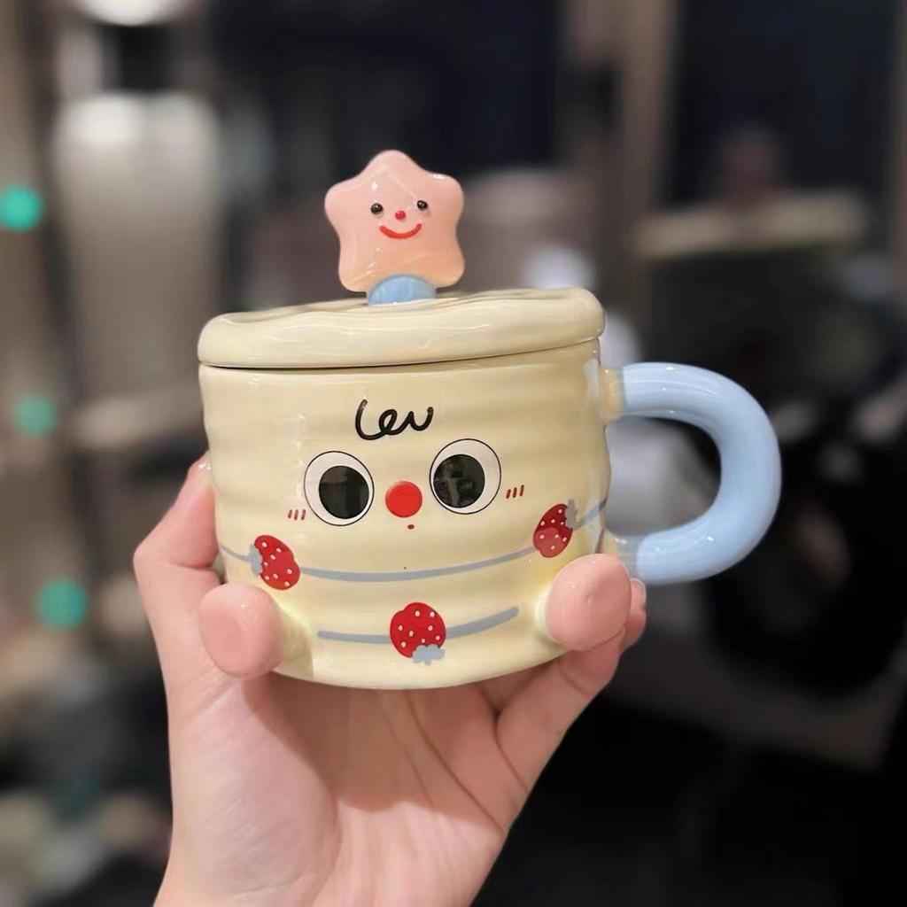 High Looking Cute Cake Birthday Gift Ceramic Mug Couple with Lid Water Cup Ceramic Cup