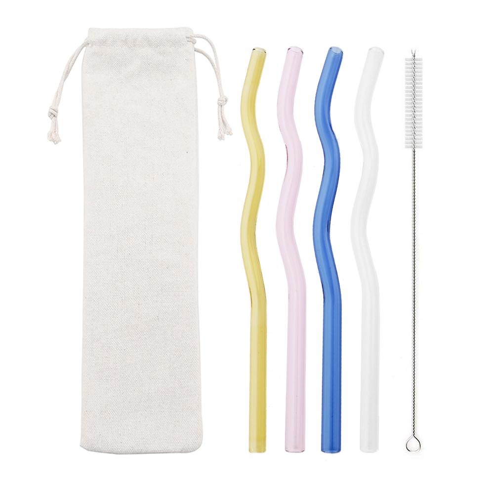6Pcs/Set Glass Straws Wavy Reusable Drinking Straws Colorful Eco-friendly Straws for Drinks Coffee Milk Tea Straw Barware