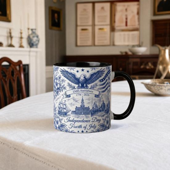 Yousheng USA 250th Anniversary Blue Mug, Patriotic Ceramic Coffee Cup with Eagle Flag Design, Independence Day Gift for Veterans Men Women