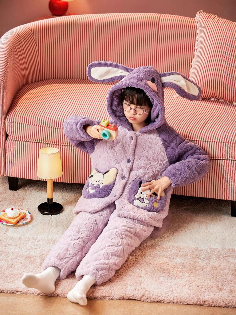 Girls' Kuromi Quilted Fleece Pajamas - Thick, Cute Autumn/Winter Home Wear (2025)