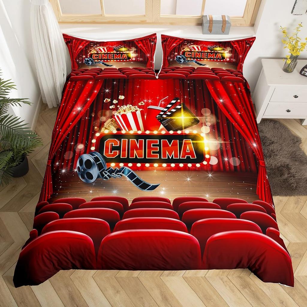 Vintage Kino Bettbezug für Familie Junge Mädchen Heimkinozimmer Dekor Vollständiges Film-Thema Bettdeckenbezug Film-Thema Bettwäscheset