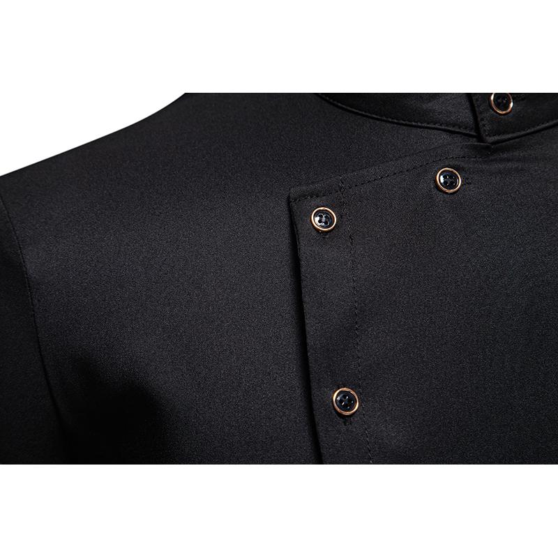 Herbst Herren Trendy Unregelmäßig Degsin Hemden Langarm Stehkragen Einfarbig Casual Hemden Einreiher Hemden