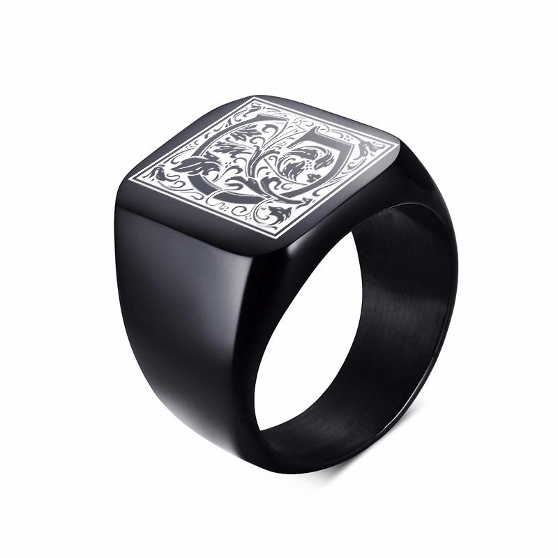 Mens Stamp Ring,Black Stainless Steel Letter Ring Chunky Ring,Rock Punk Jewelry Gift for Him