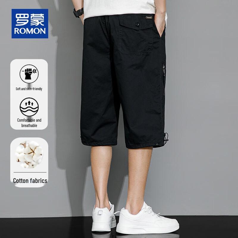 ROMON Men's Cotton 3/4 Drawstring Casual Shorts