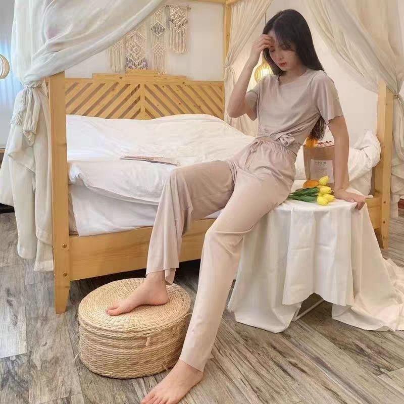 New Women's Solid Color Ice Silk Loungewear Two-Piece Set - Casual Soft Style