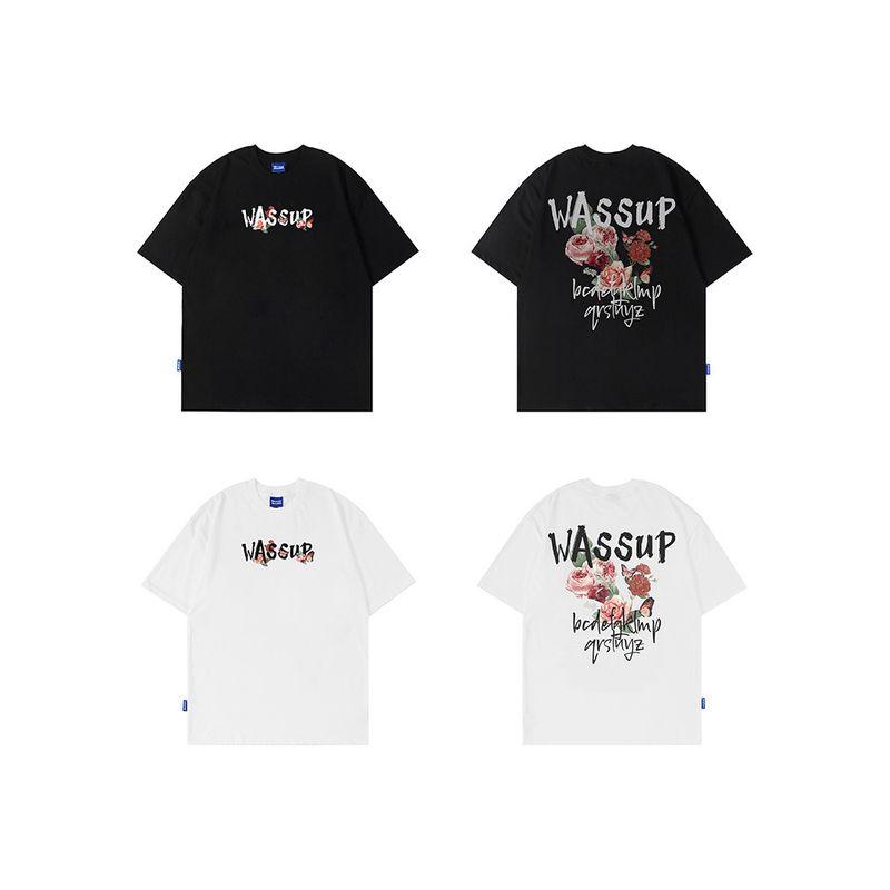 Wassup Heods Rose Letter Short-Sleeved Men's Summer 2024 New National Fashion Brand Casual Couple Half-Sleeved Top