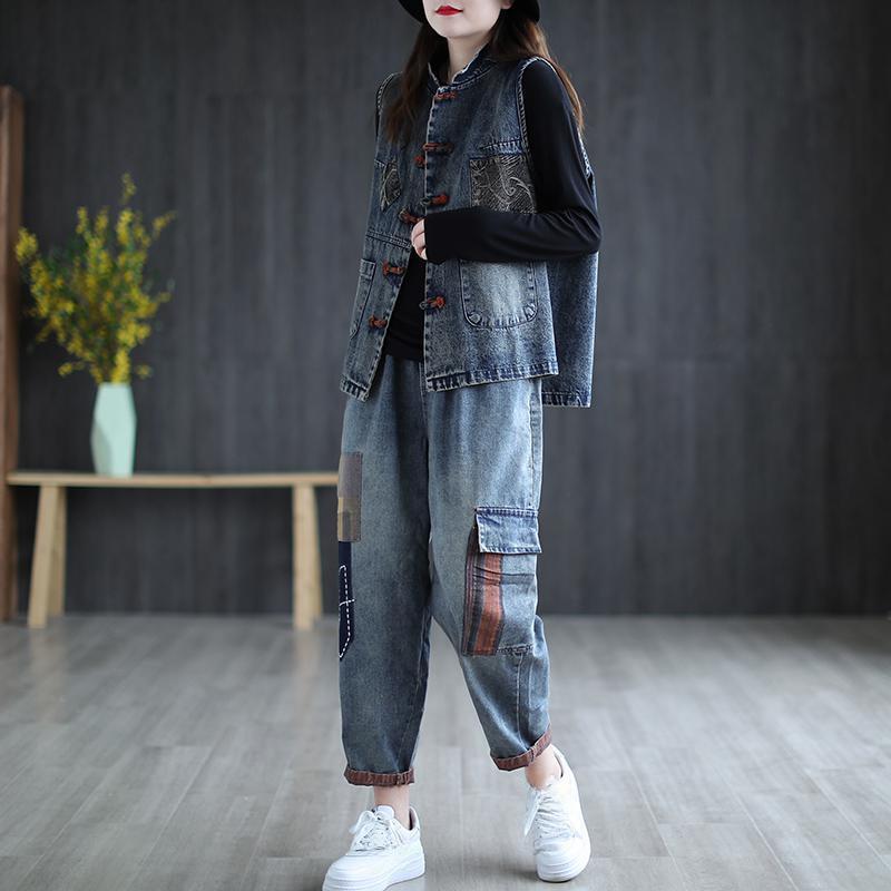 Denim Vest Women's Spring and Summer Literature and Art Retro Large Size Ethnic Style Plate Buckle Outer Wear Vest Outer Wear Casual Waistcoat