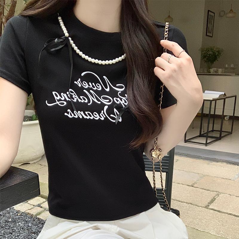 

Черная футболка с круглым вырезом, прямыми плечами и короткими рукавами для женщин, летняя новинка, с рукавами до локтя, бантом, короткая, облегающего кроя, топ L чёрный