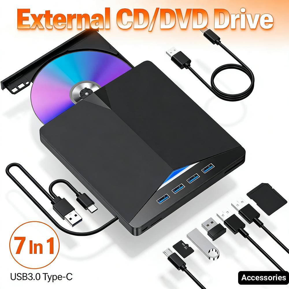7 In 1 USB3.0 Type-C External CD DVD RW Optical Drive Plug-and-Play Slim for Windows 11/10/8/7/Linux/ OS
