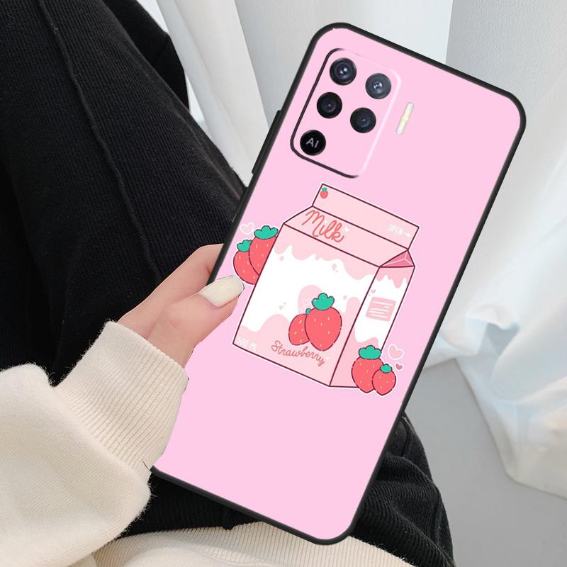 Kawaii Strawberry Milk Case For Oppo A18 A38 A58 A78 A98 A80 A60 A40 A96 A76 A16 A94 A74 A54 A15 A17 A57 A77 A5 Pro