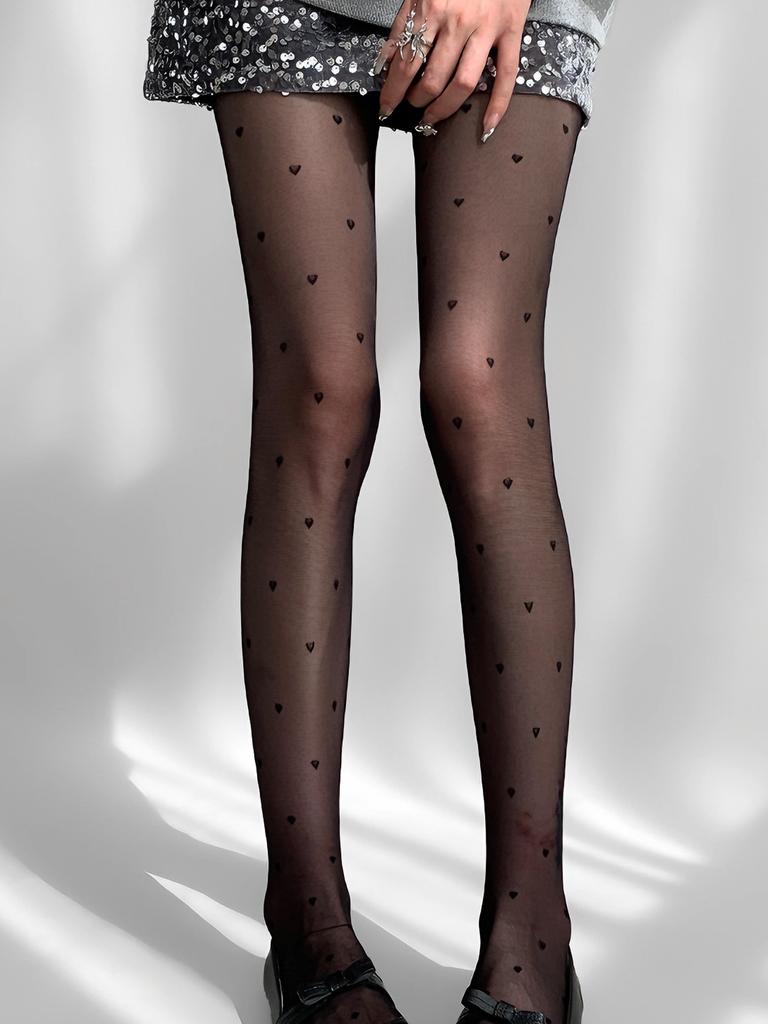 1 Pc Women'S Black Ultra-Thin Sheer Pantyhose, Heart Jacquard Snag-Resistant, Sexy High-Waisted Non-Slip Hosiery For Party