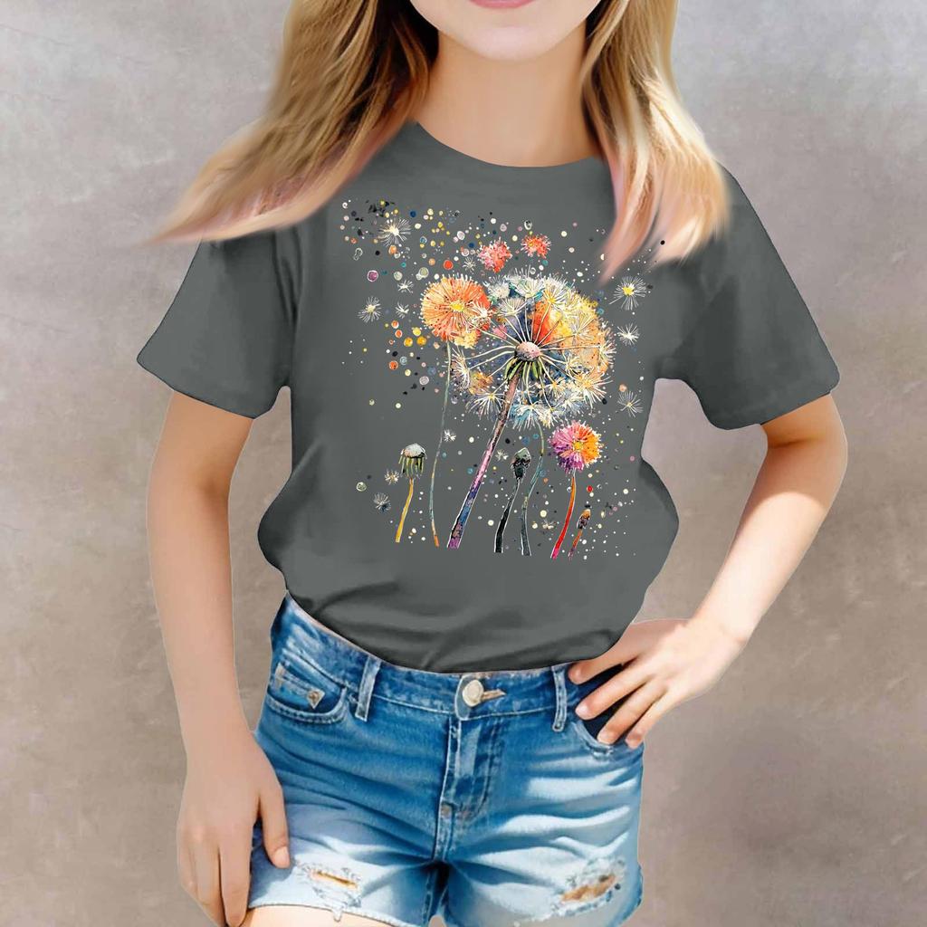 Girls Round Neck Casual Printed Short-sleeved T-shirt Top