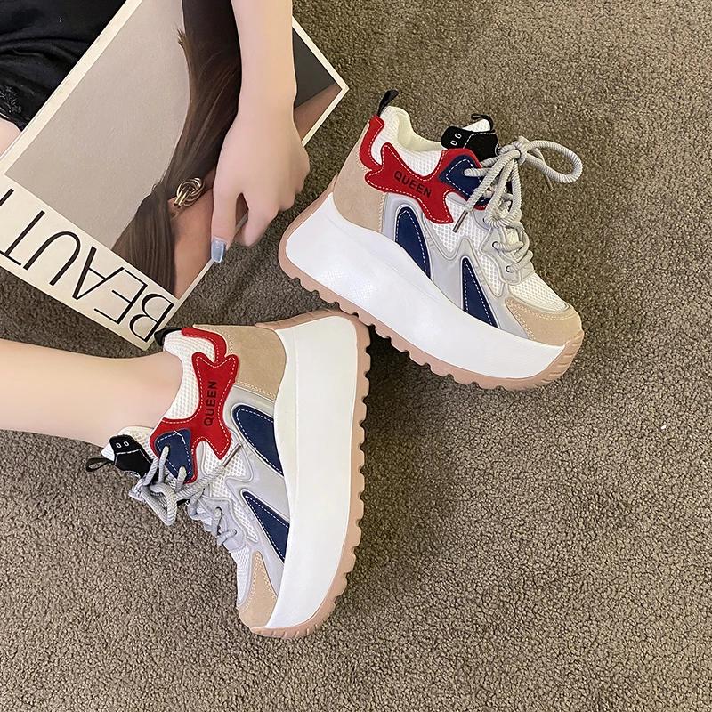 Fashion 10CM Women Casual Leather Sneaker Autumn Lace Up High Platform Shoes Thick Sole Sport Dad Shoes Woman Sneakers Chaussure Femme