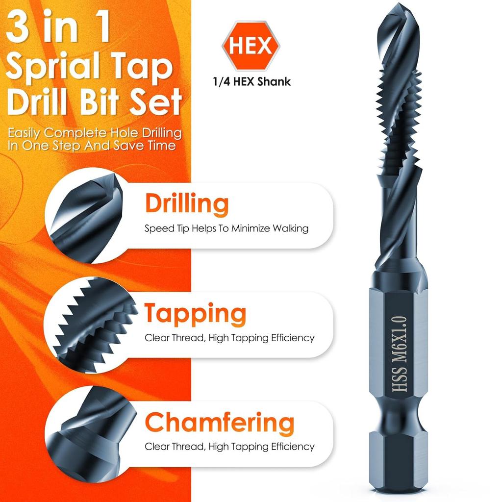 6pcs Set Cobalt Drill Bits and Taps | Combination Drill Bits, Taps, and Tap Heads Set with Countersink and Deburring Features, Metric Sizes M3 To M10