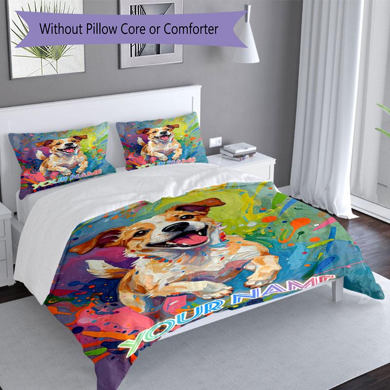 3PC Custom Name "Colorful Dog Artwork" Bedding Set Duvet Cover Closure Includes 1 Duvet Cover & 2 Pillowcases for Bedroom