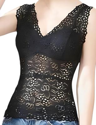 Tank Top with Camisole Backless Floral Sleeveless [toasoa] Women's All-Lace Cups, See-Through, Short, V-Neck Top, Bra, Print, (02 - L, Black)