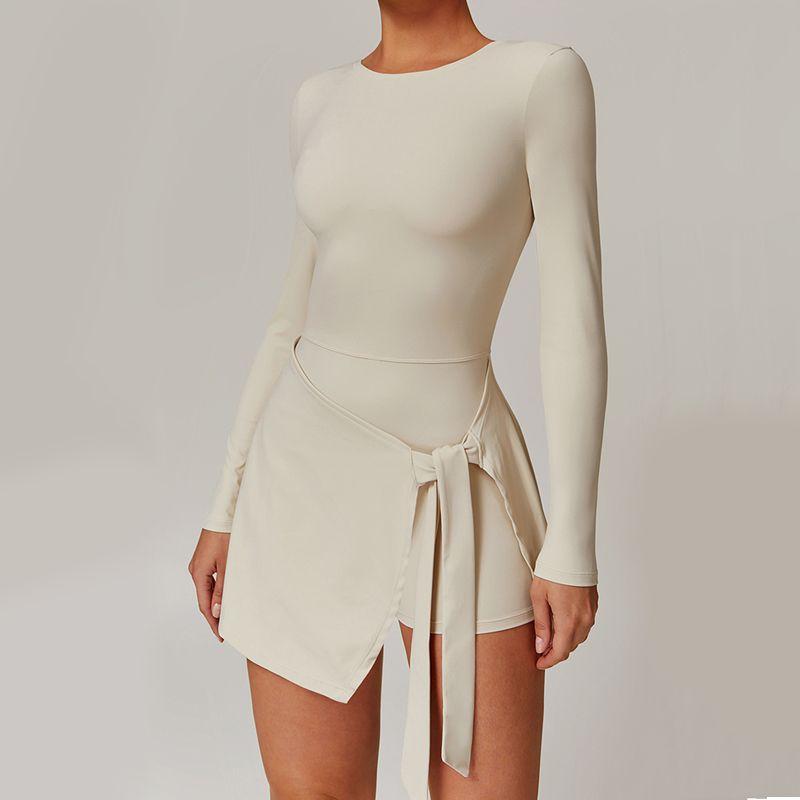 

Fake Two-Piece Tight Fitness Exercise Dress Sexy Anti-exposure Split Strap U-Shaped Beauty Back One-Piece Tennis Skirt Apricot with Oats M