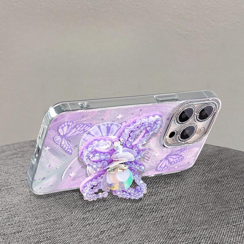 Bead Butterfly Stand Suitable for Apple 16 Mobile Phone Case Huawei Mate60pro Feather Yarn 15 High-end Sense 14/13 Women