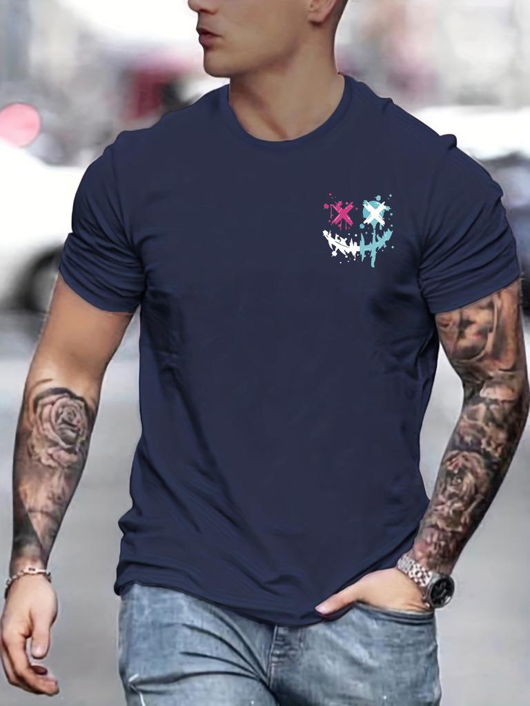 2025 Summer New Men's Cotton Soft Casual Sports Loose Smiley Face Pattern Printed Crew Neck Short Sleeve T-Shirt Top Large Size