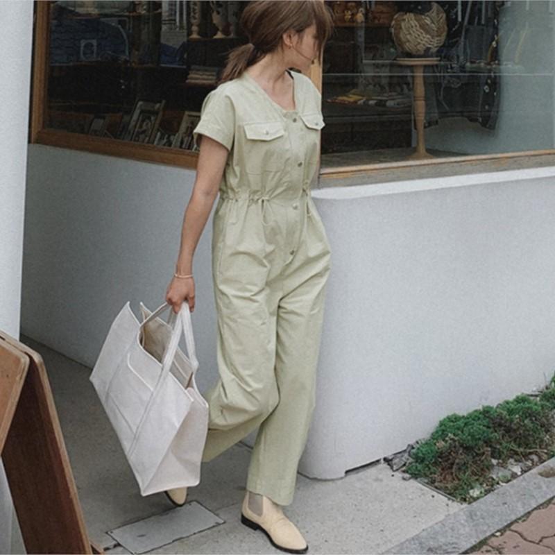 Johnature Summer Short Sleeve Women V-Neck Casual Drawstring Cropped Straight Women Jumpsuits
