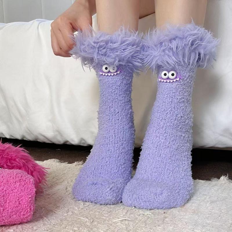 Funny Big Mouth Monster Plush Socks Cartoon Creative Warm Plush Thick Coral Velvet Sleeping Socks Winter Women Socks Gifts