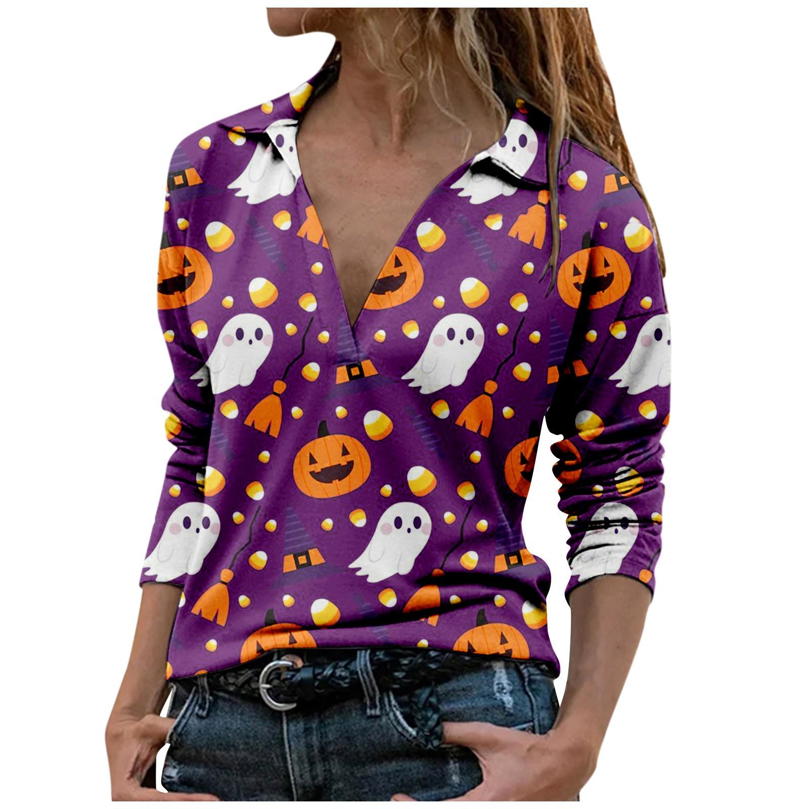 

(SU)Женский повседневный модный принт с длинным рукавом и v-образным вырезом, удобный пуловер с лацканами