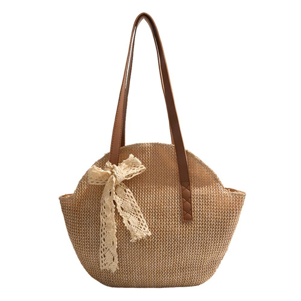 Sweet Straw Woven Tote Bag Large Capacity with Bow Ribb Commuting Shoulder Bag Lightweight Khaki Seaside Vacati Handbag