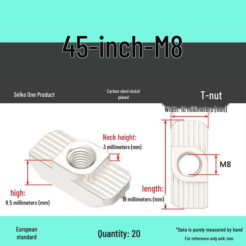 Dadi per Profilati di Alluminio a T-Slot Standard Europeo: Dadi ad alette M3-M8, Tipi 20/30/40/45.