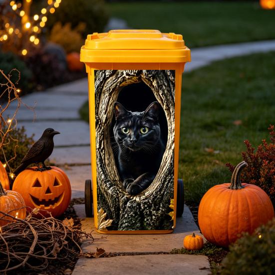 Black Cat Bat Owl Pattern Halloween Trash Can Sticker, Spooky Pumpkin Ghost Wheelie Bin Decal, Easy Apply Mural Waterproof Outdoor Garbage Sticker