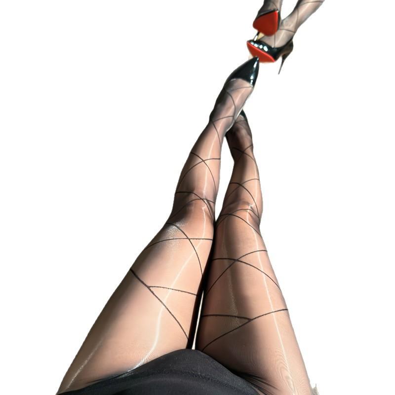 Aurora Oily Ultra-Thin Cross Mesh Black Silk Sexy Oily Seamless Stockings Transparent Pantyhose Women'S Large Square