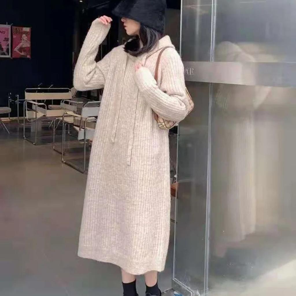 Women Hooded Knit Long Dresses Thick Straight Splice Dress Solid Full Sleeve Casual Loose Vintage Office Lady Autumn Winter