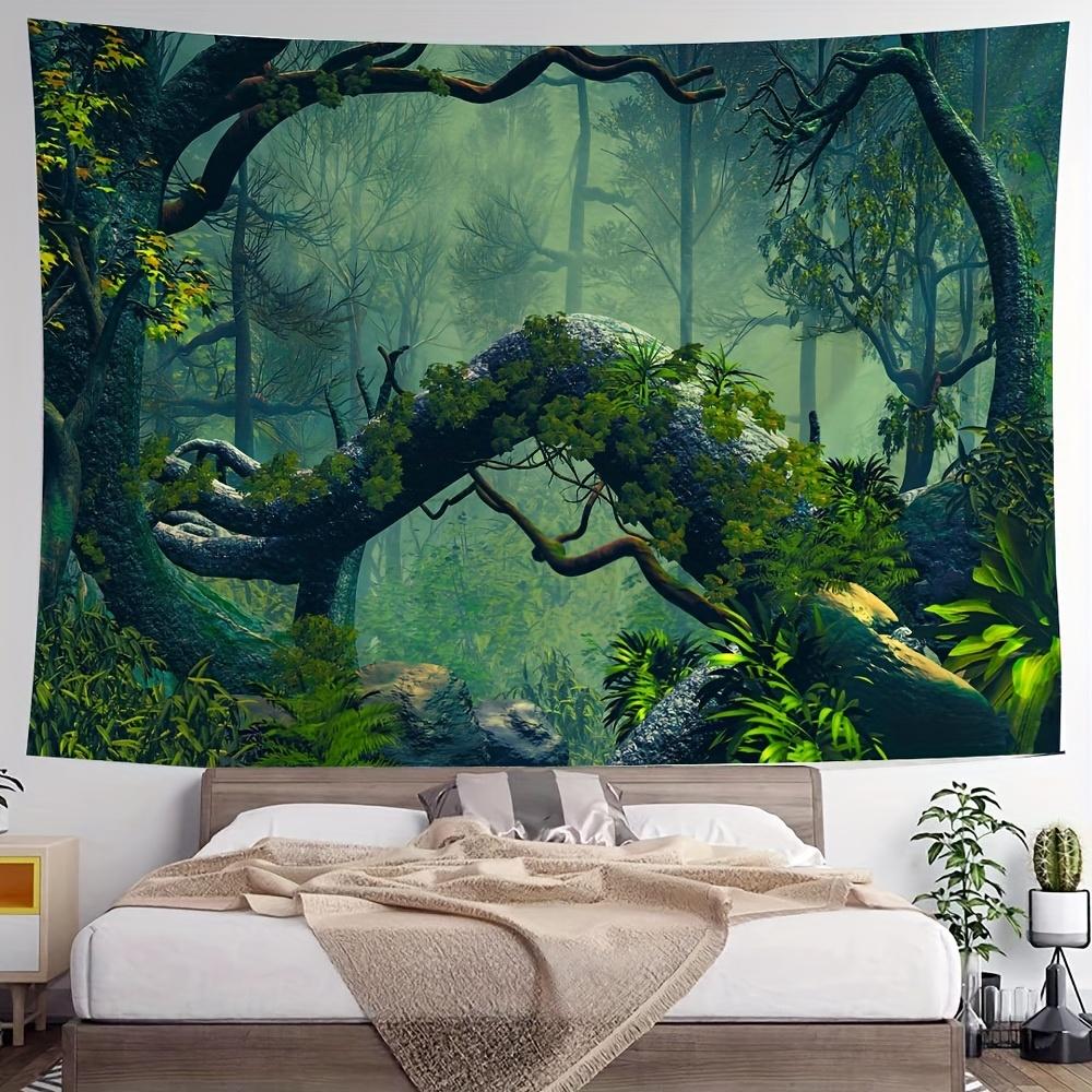 Mysterious Green Forest Tapestry Polyester Wall Hanging Boho Bedroom Living Room Decor Mossy Trees Misty Jungle