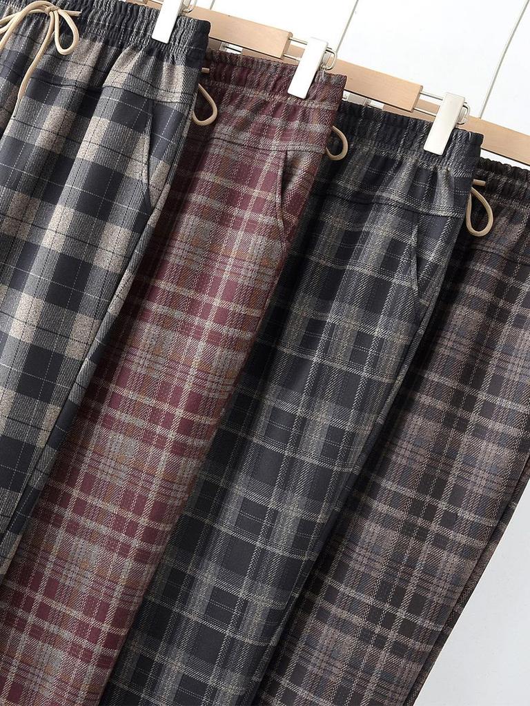 Spring Style Fashionable Plaid Elastic High Waist Pants for Middle-aged and Elderly Women