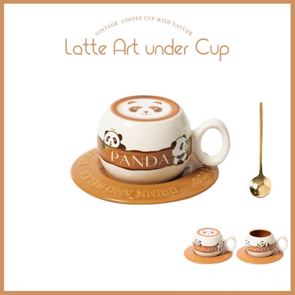 Big Belly Coffee Cup with Wood Saucer and Spoon 300ML Latte Under Botton Shaped Coffee Mug