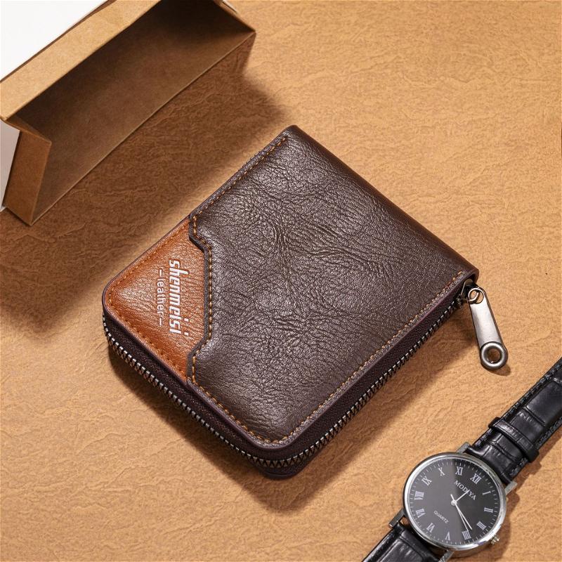 Men’s PU Leather Zip Around 3 Folding Wallet RFID Card Holder ID Window Coin Pocket Short Compact Wallet Cash Purse