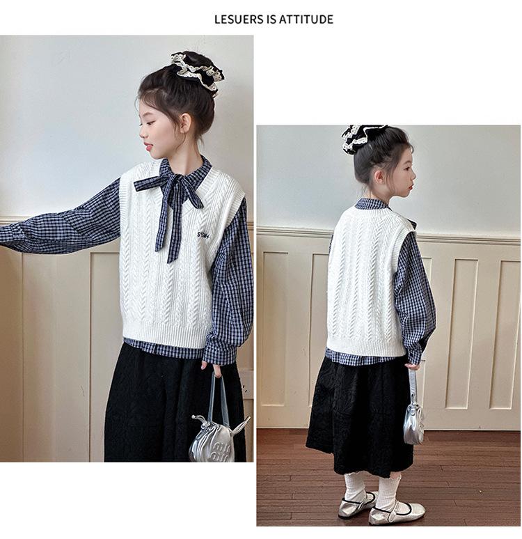 Girls' 2025 Spring & Autumn Fashion Set: Knitted Vest and Shirt Two-Piece Set for Kids