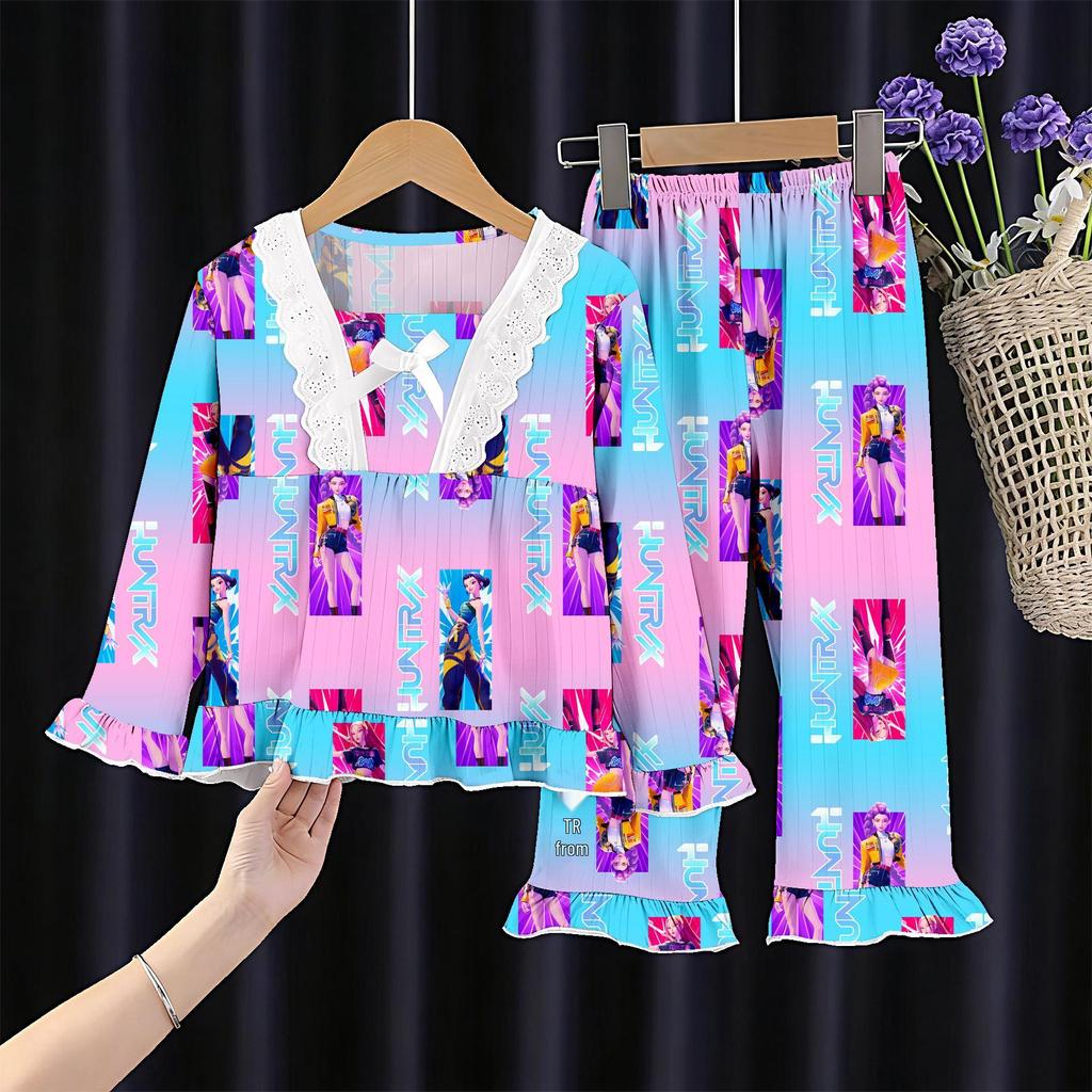 Kids' and Women's Spring Autumn Cartoon Pajama Set - Long Sleeve, Long Pants, KPOP Square Neck Homewear for Middle Large Child Girls