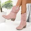 European and American Fashion Medium Tube Fashion Boots Women's Large Size Retro Thick Heel Pleated Foot Sleeve V Mouth Western Knight