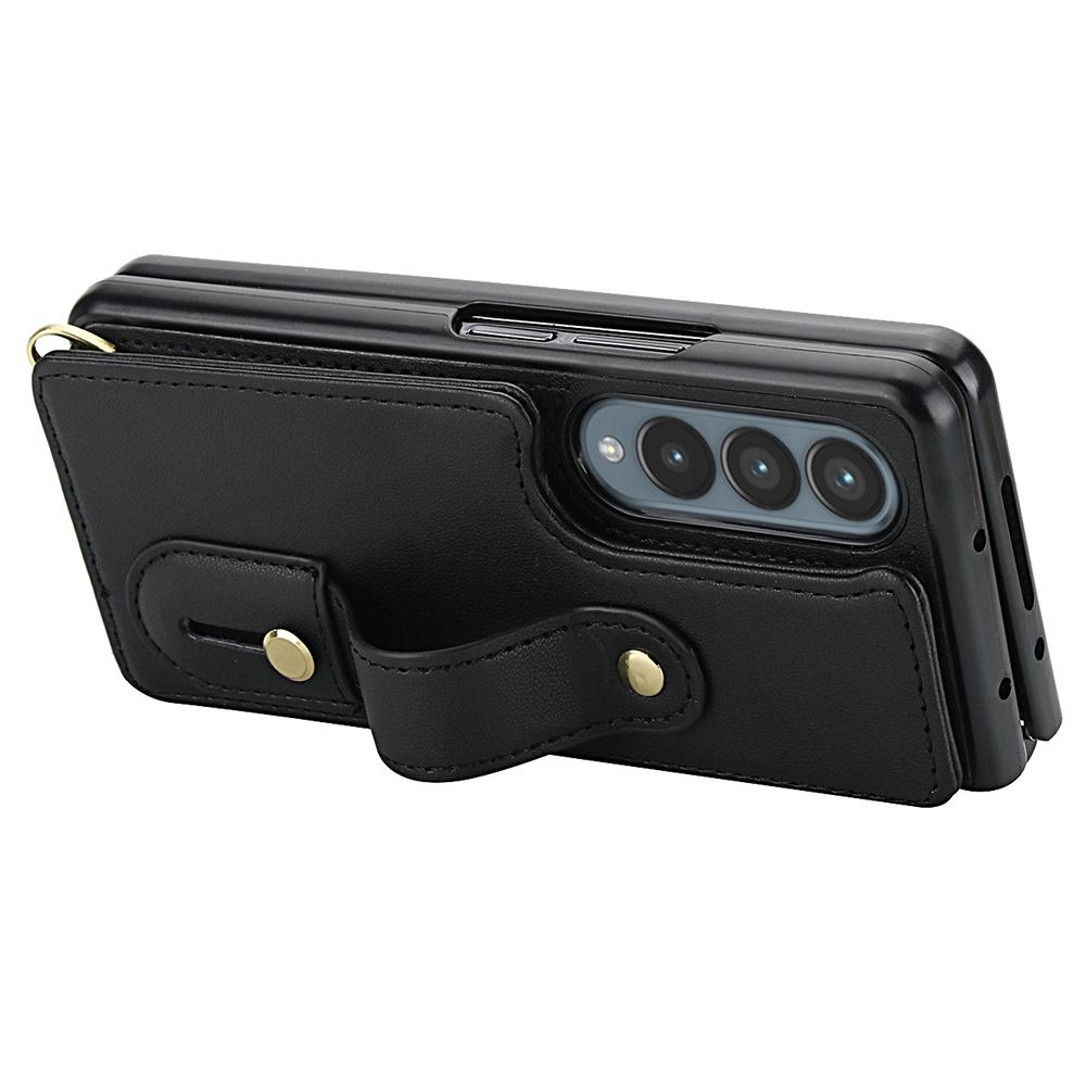 For Samsung Galaxy Z Fold4 5G Case Kickstand Card Slots Leather Coated TPU Cover with Shoulder Strap