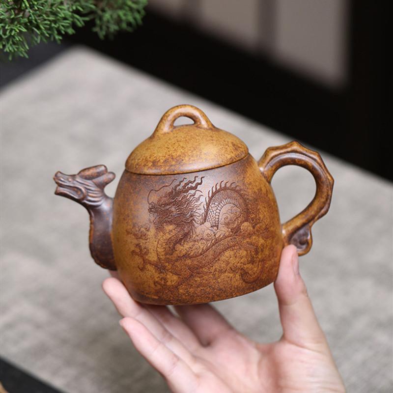 

Chinese Yixing Purple Clay Teapots Household Large Capacity Kettle Handmade Dragon Tiger Pattern Tea Pot Zisha Tea Set 300ml