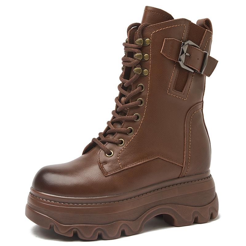 Fashion GKTINOO Retro Style Women High Heel Genuine Leather Mid-Calf Boots 2025 Autumn Winter Warm Platform Booties Zip Zapatos Mujer