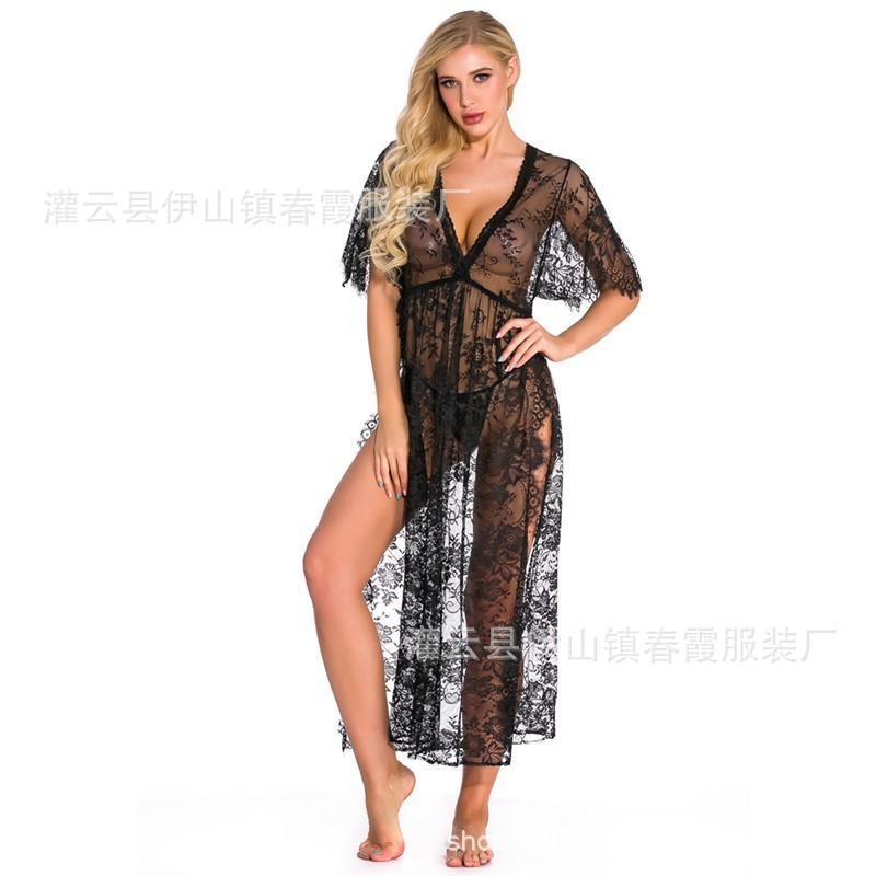 Summer Women's Erotic Underwear Sexy Lace Mesh Perspective Deep V Long Dress Erotic Nightgown Set