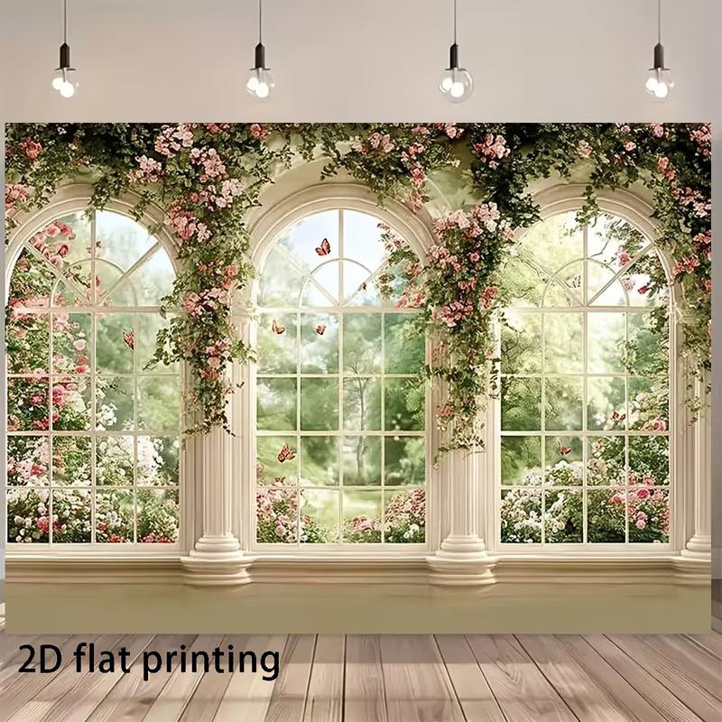 

2D Arched Window Floral Backdrop Pink Roses and Butterflies Photography Background 47.2x31.5inch/120*80cm