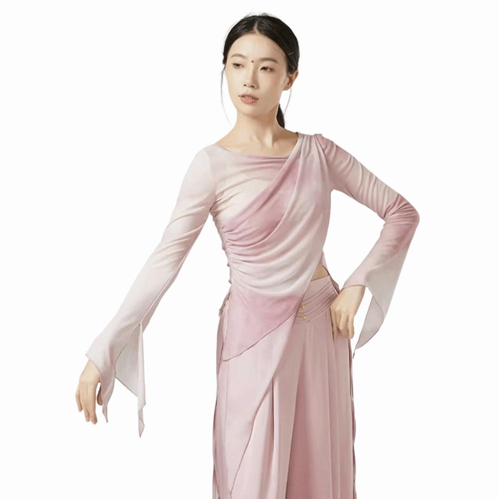 Long Slit Classical Dance Mesh Top Prints Chinese Hanfu  Women Dance Wear