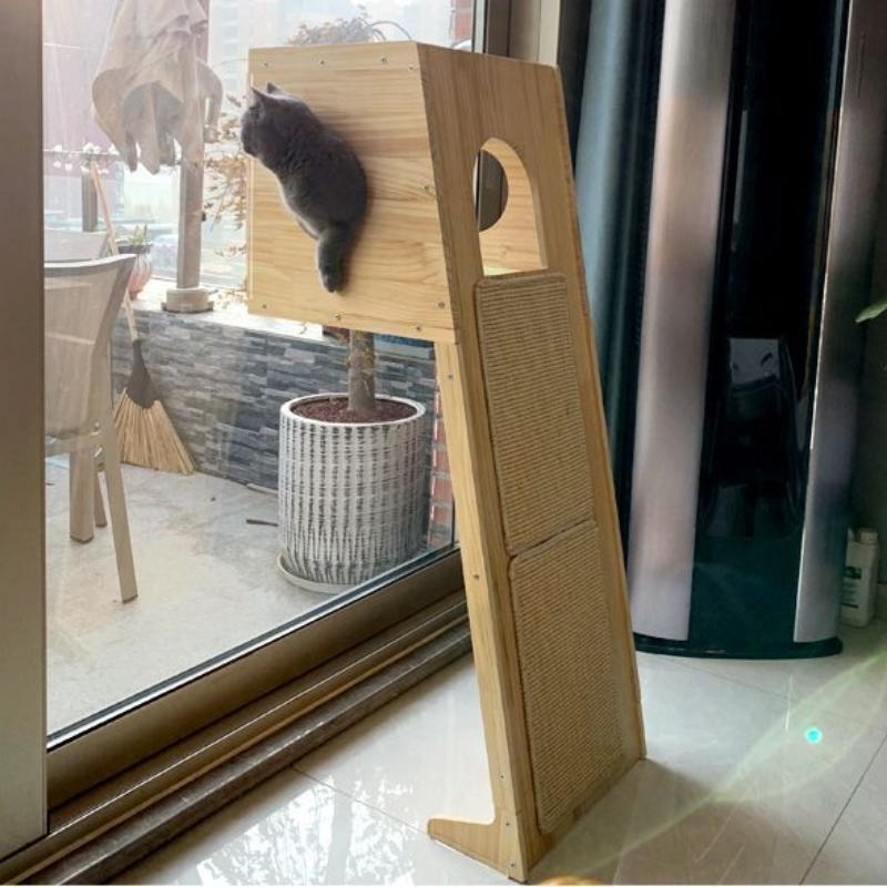 High Solid Wood Cat Scratching Post Glass Bounce House Lair Wall Cats Tree Pulls Scratches Large Tower Bed for Cat Indoor Toy