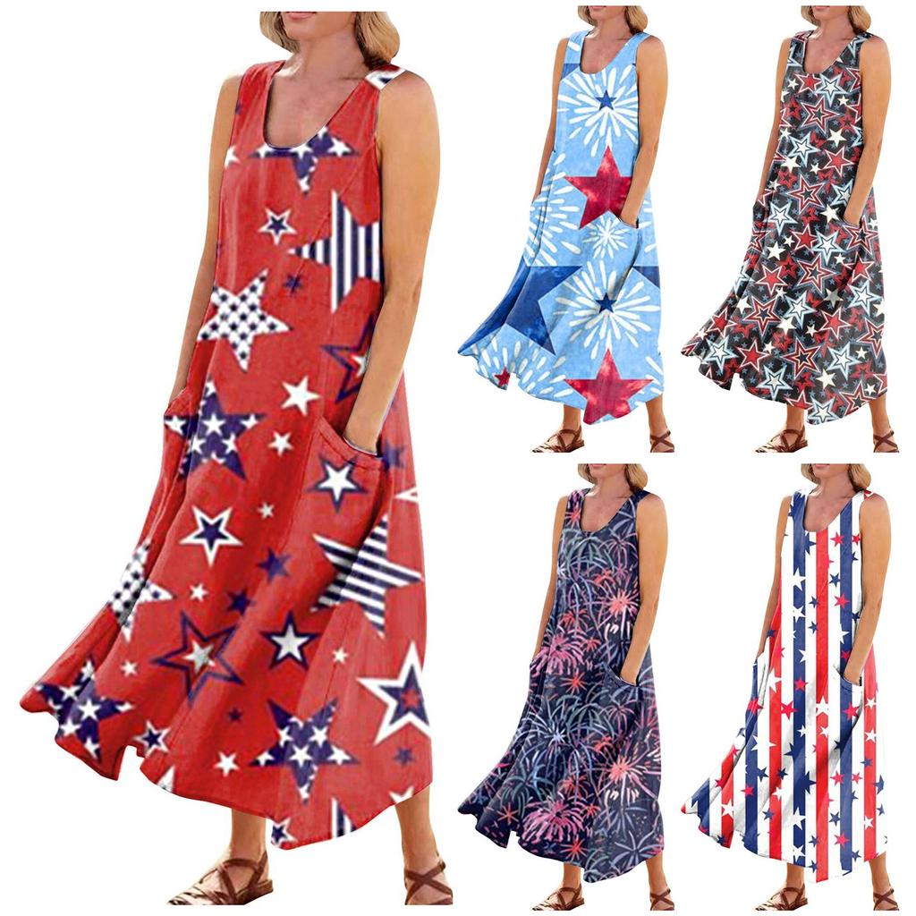 Women's Casual Comfortable Independence Day Print Sleeveless Cotton Pocket Dress