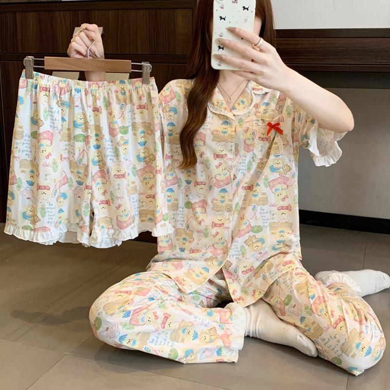 Cute girl ruffle edge short-sleeved pajamas women's summer new casual loose loungewear three-piece set