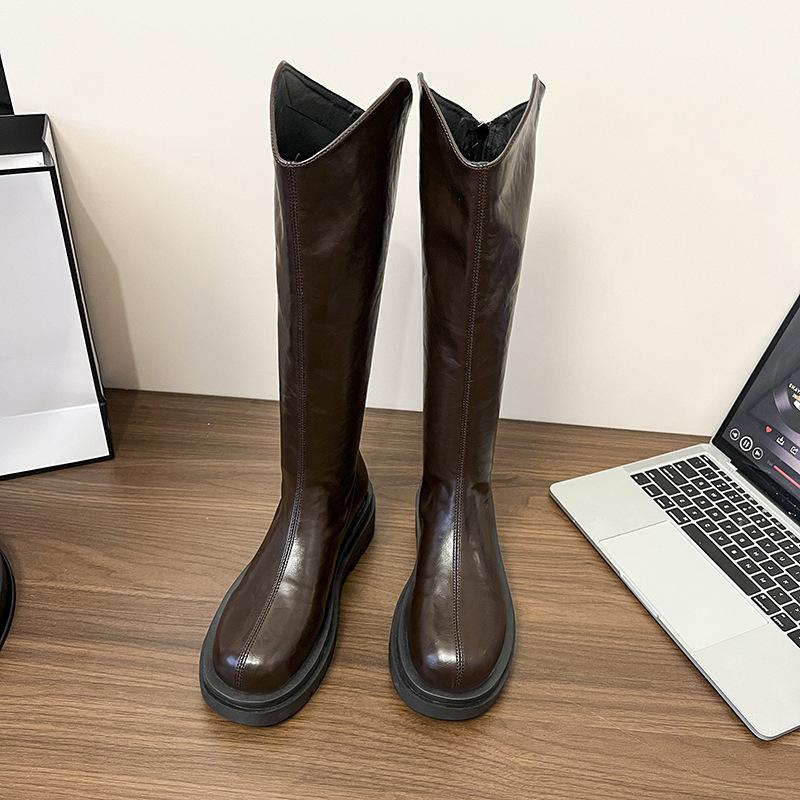 

Женские высокие сапоги 2025 осень и зима новая маленькая, но до колена универсальные на толстой подошве тонкие высокие сапоги-рыцари 43 коричневый