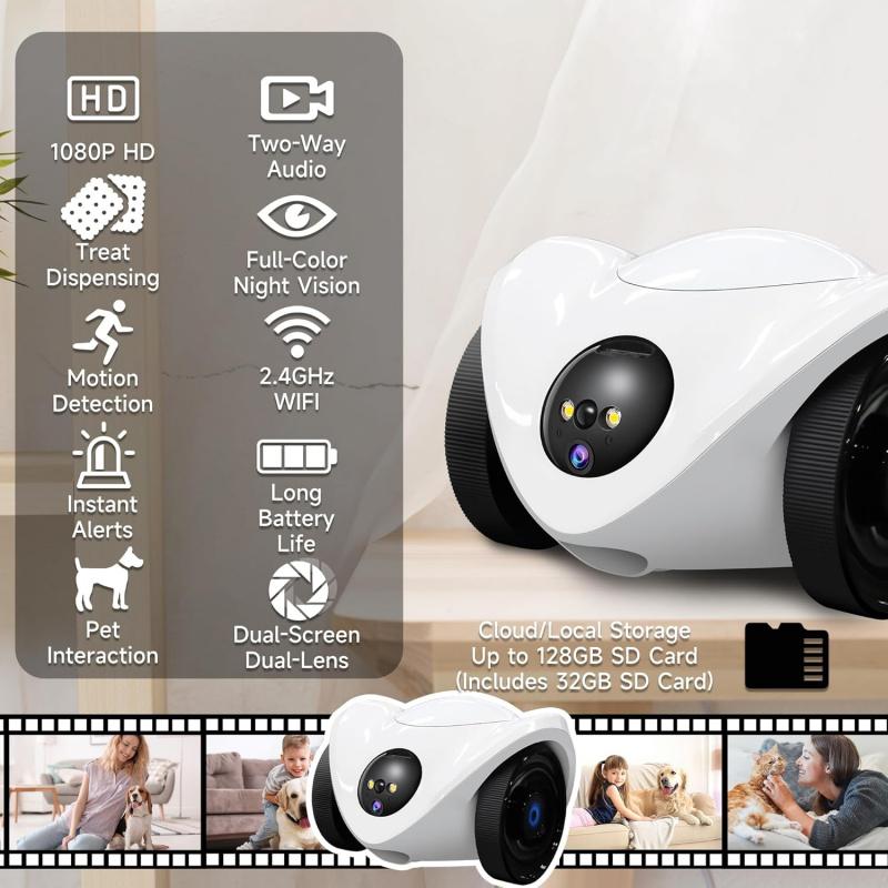 Kamera dla zwierząt z podajnikiem smakołyków, Ruchomy robot-kamera dla psów i kotów, Bezpieczeństwo wewnętrzne 1080P, Dwukierunkowa komunikacja głosowa, Tylko WiFi 2,4 GHz